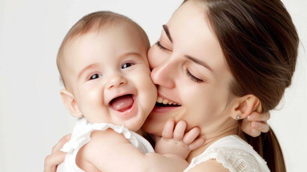 Bonding with Baby isolated with grey background